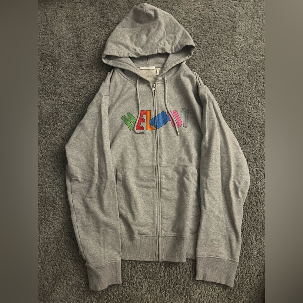 Helmut Lang Gray Zip-Up Hoodie with Multicolor Logo